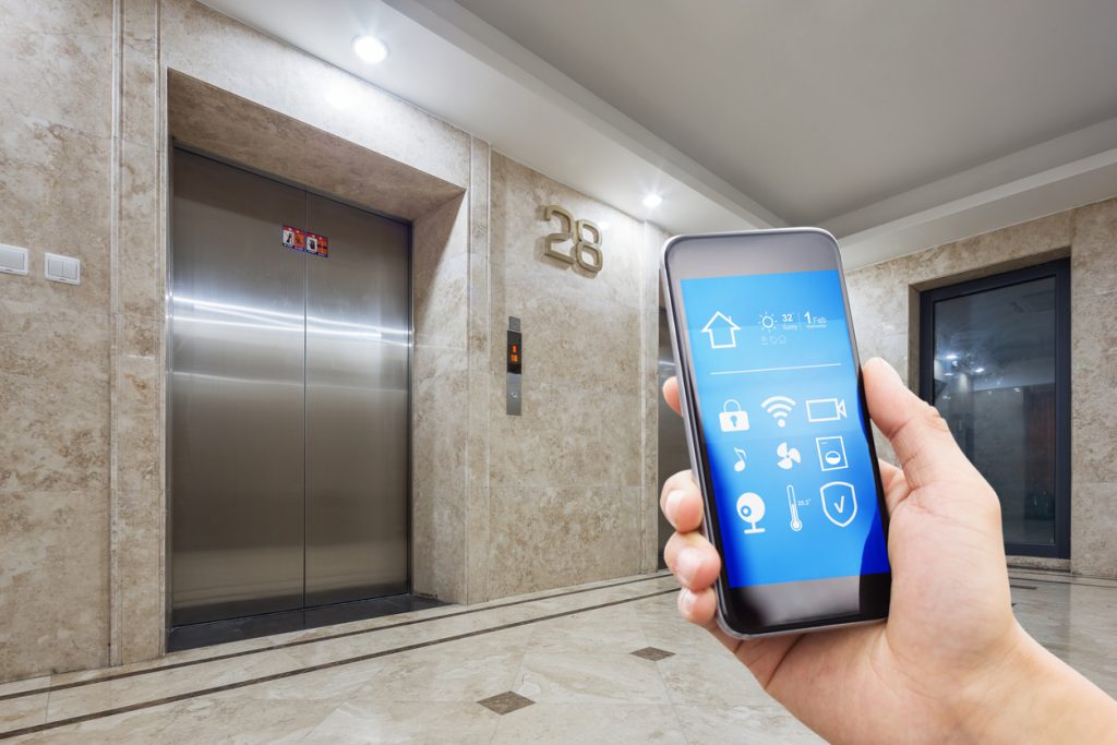 mobile phone with smart home system and backgrounds of modern corridor