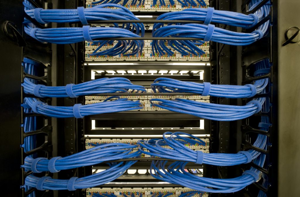 Category five wiring for a computer server installation.